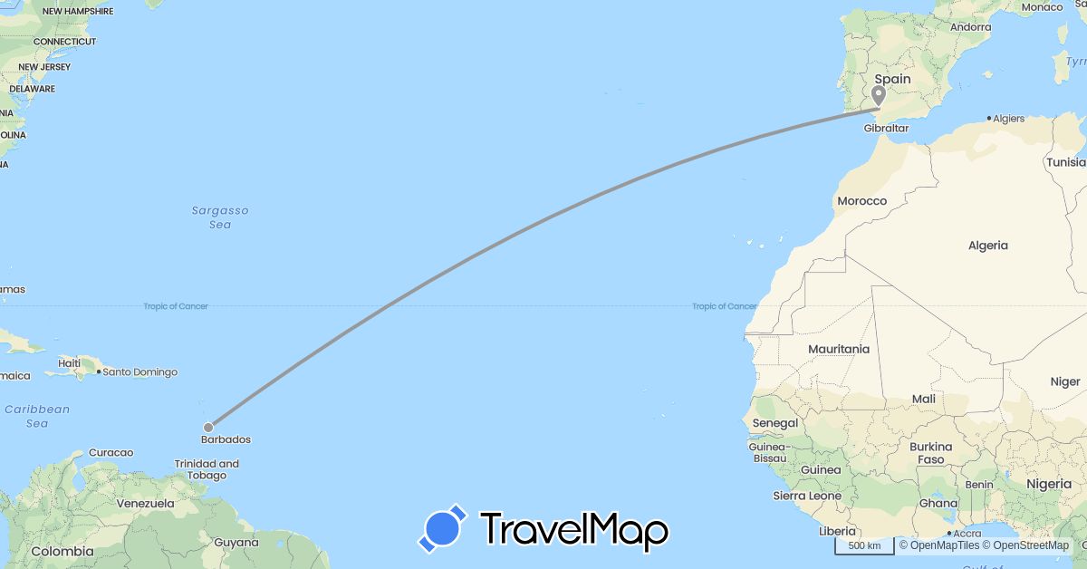 TravelMap itinerary: driving, plane in Spain, Saint Lucia (Europe, North America)